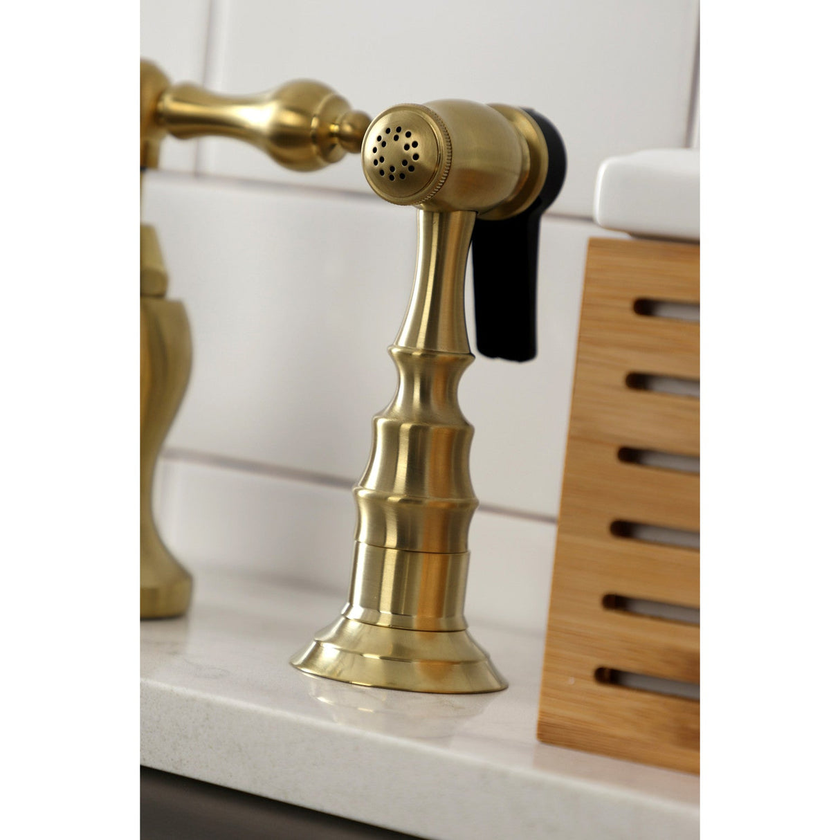 English Country KS7797ALBS Deck Mount Bridge Kitchen Faucet with Brass Sprayer, Brushed Brass