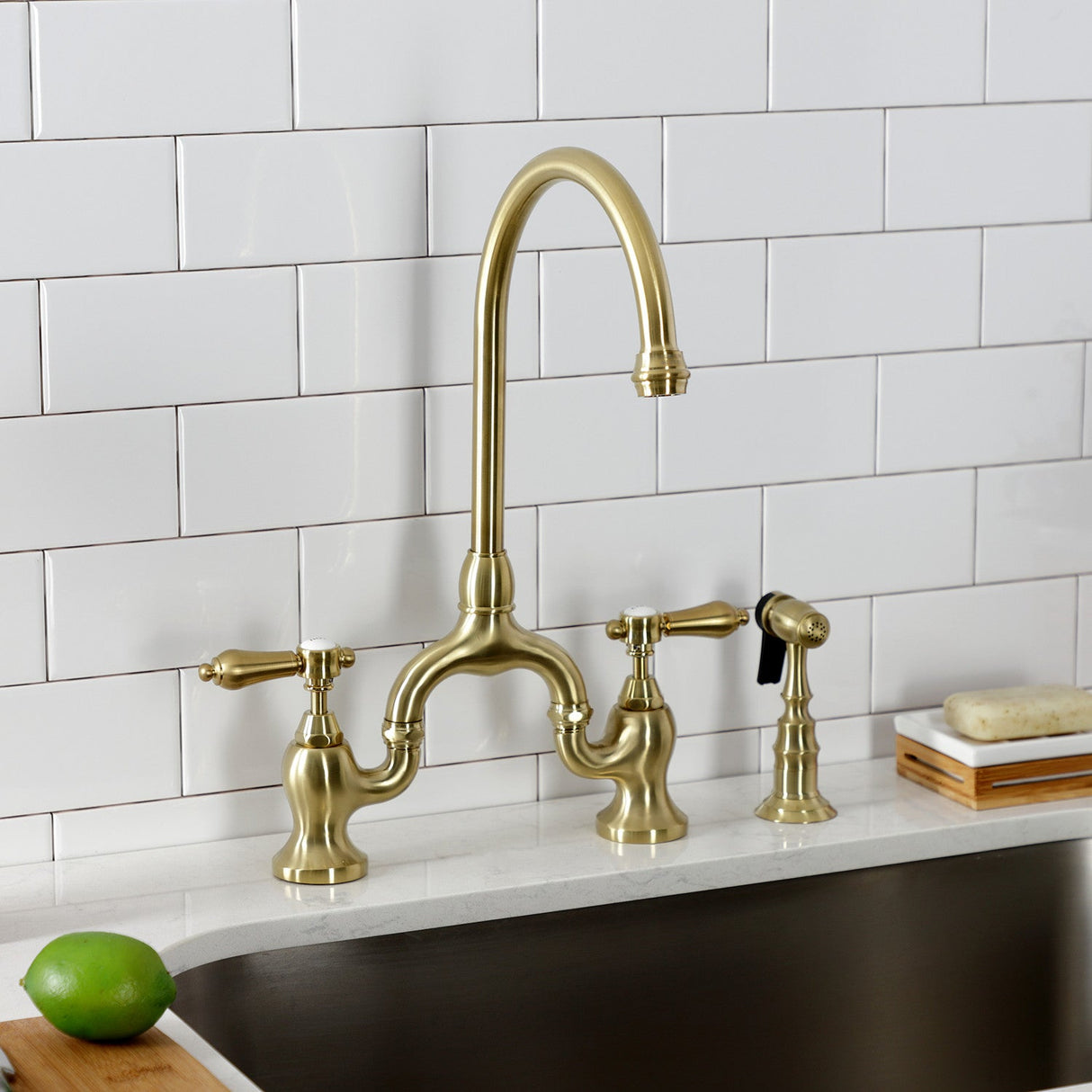 Heirloom KS7797BALBS Two-Handle 3-Hole Deck Mount Bridge Kitchen Faucet with Brass Sprayer, Brushed Brass