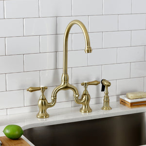 Heirloom KS7797BALBS Two-Handle 3-Hole Deck Mount Bridge Kitchen Faucet with Brass Sprayer, Brushed Brass
