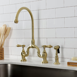 Heirloom KS7797BALBS Two-Handle 3-Hole Deck Mount Bridge Kitchen Faucet with Brass Sprayer, Brushed Brass