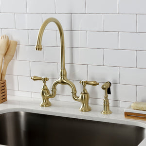 Heirloom KS7797BALBS Two-Handle 3-Hole Deck Mount Bridge Kitchen Faucet with Brass Sprayer, Brushed Brass
