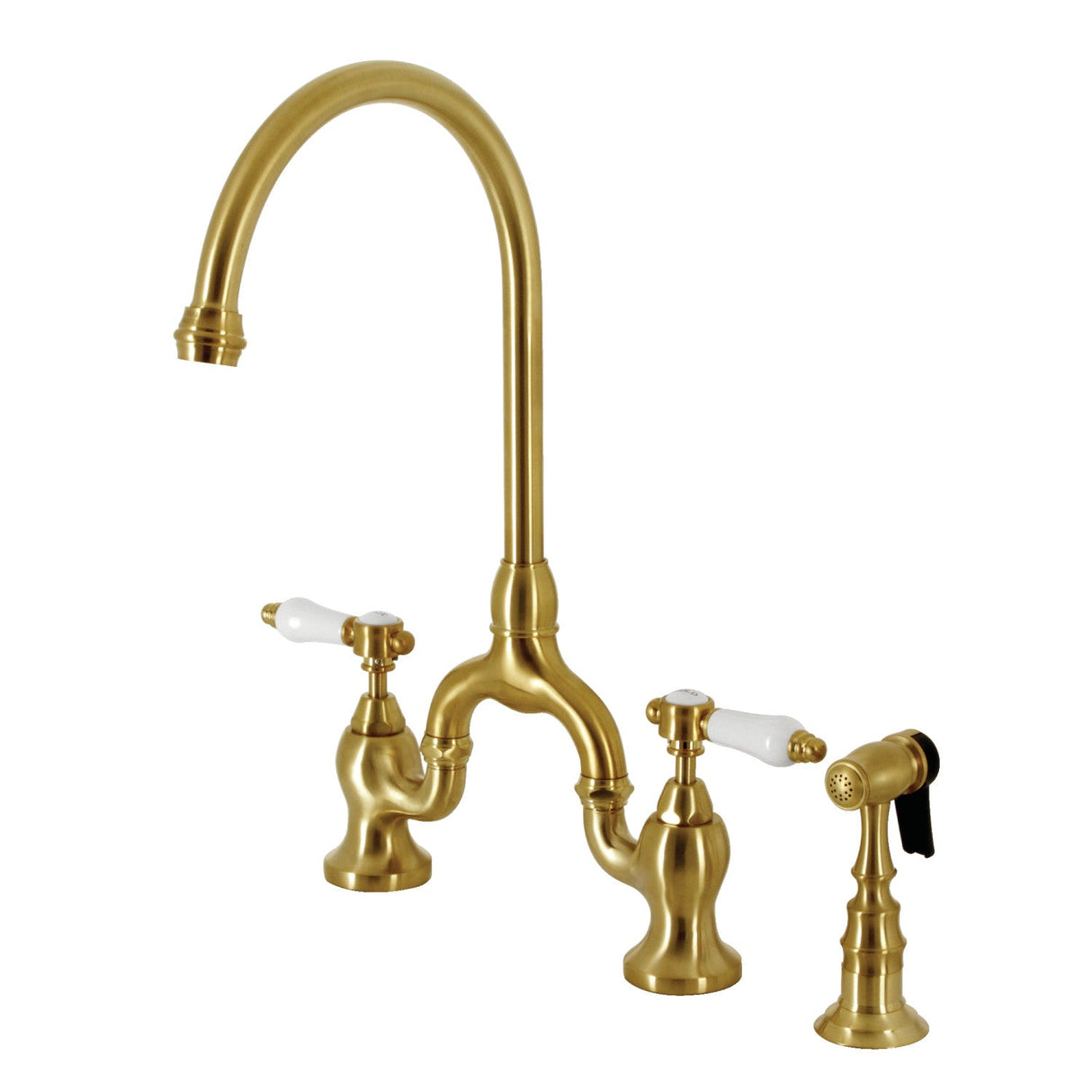 Bel-Air KS7797BPLBS Two-Handle 3-Hole Deck Mount Bridge Kitchen Faucet with Brass Sprayer, Brushed Brass