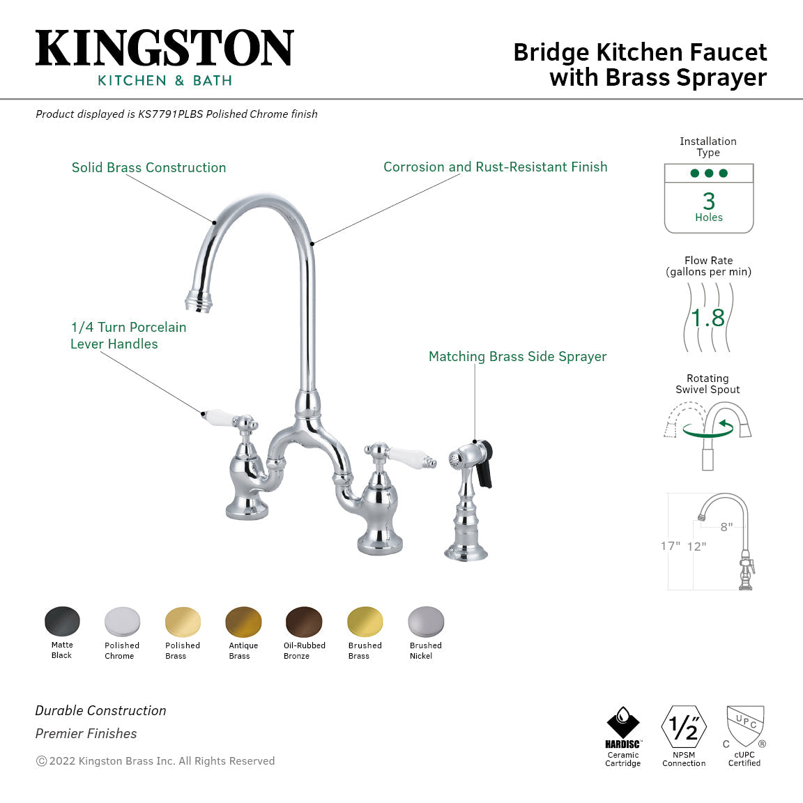 English Country KS7797PLBS Two-Handle 3-Hole Deck Mount Bridge Kitchen Faucet with Brass Sprayer, Brushed Brass