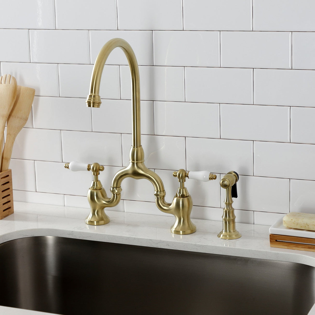 English Country KS7797PLBS Two-Handle 3-Hole Deck Mount Bridge Kitchen Faucet with Brass Sprayer, Brushed Brass