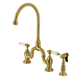 English Country KS7797PLBS Two-Handle 3-Hole Deck Mount Bridge Kitchen Faucet with Brass Sprayer, Brushed Brass