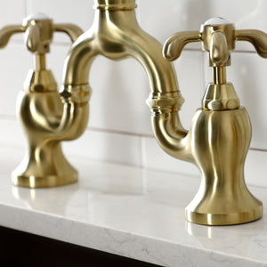 French Country KS7797TXBS Two-Handle 3-Hole Deck Mount Bridge Kitchen Faucet with Brass Sprayer, Brushed Brass