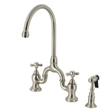 English Country KS7798AXBS Two-Handle 3-Hole Deck Mount Bridge Kitchen Faucet with Brass Sprayer, Brushed Nickel