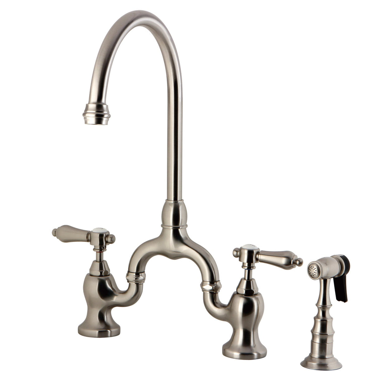 Heirloom KS7798BALBS Two-Handle 3-Hole Deck Mount Bridge Kitchen Faucet with Brass Sprayer, Brushed Nickel