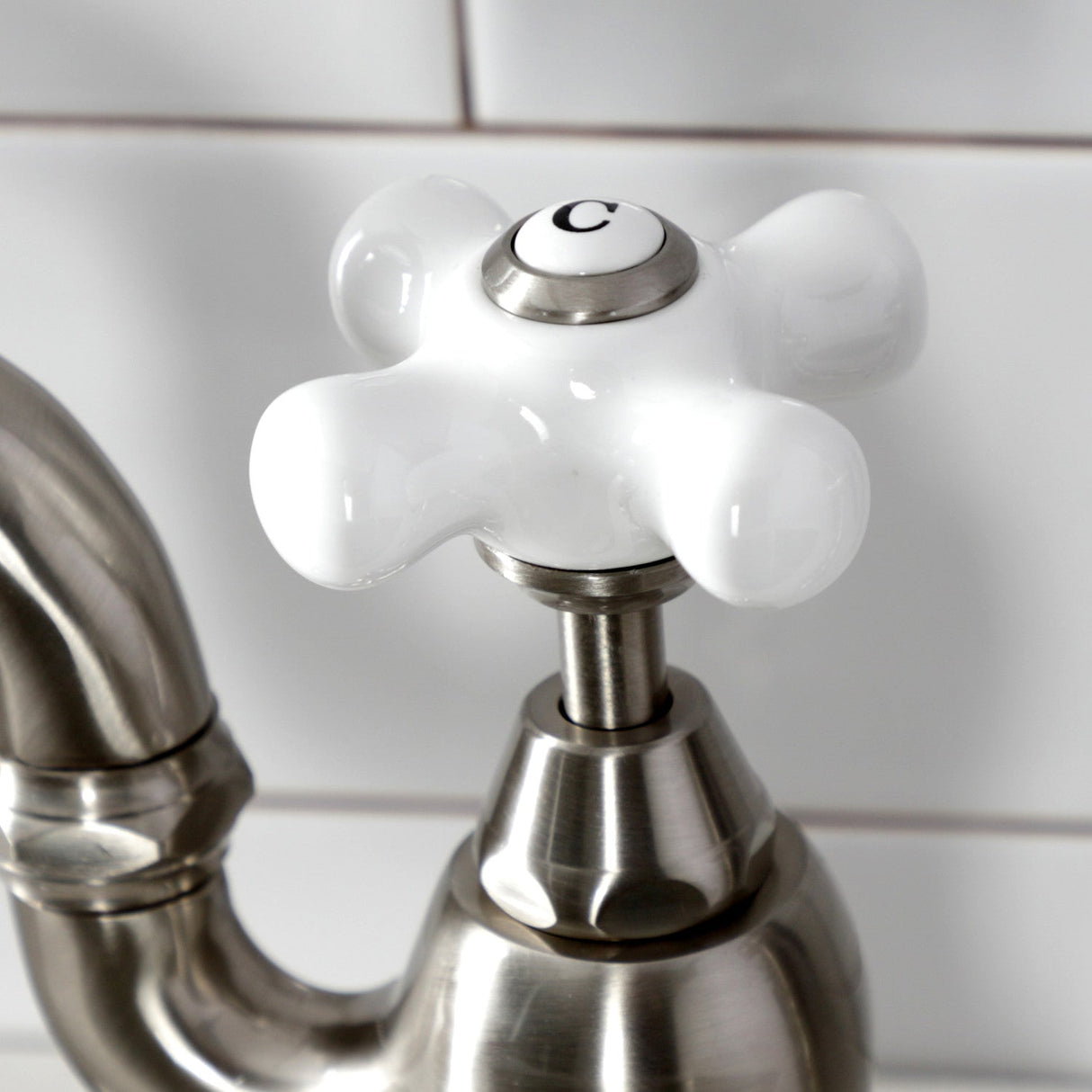 English Country KS7798PXBS Two-Handle 3-Hole Deck Mount Bridge Kitchen Faucet with Brass Sprayer, Brushed Nickel