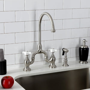 English Country KS7798PXBS Two-Handle 3-Hole Deck Mount Bridge Kitchen Faucet with Brass Sprayer, Brushed Nickel