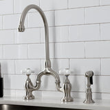 English Country KS7798PXBS Two-Handle 3-Hole Deck Mount Bridge Kitchen Faucet with Brass Sprayer, Brushed Nickel