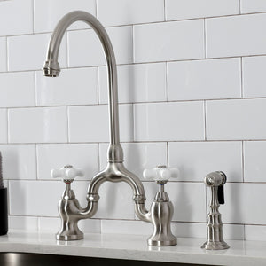 English Country KS7798PXBS Two-Handle 3-Hole Deck Mount Bridge Kitchen Faucet with Brass Sprayer, Brushed Nickel