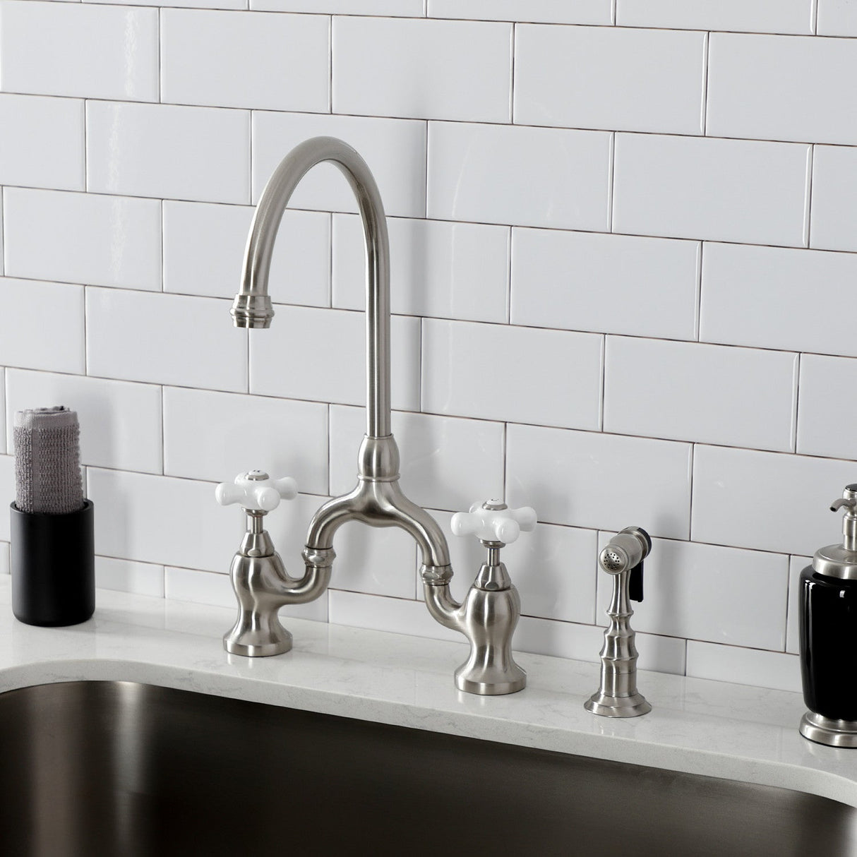 English Country KS7798PXBS Two-Handle 3-Hole Deck Mount Bridge Kitchen Faucet with Brass Sprayer, Brushed Nickel