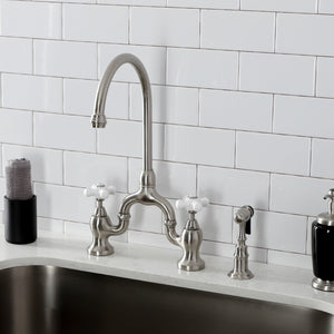 English Country KS7798PXBS Two-Handle 3-Hole Deck Mount Bridge Kitchen Faucet with Brass Sprayer, Brushed Nickel