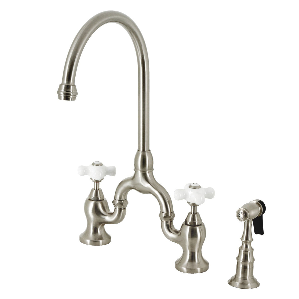 English Country KS7798PXBS Two-Handle 3-Hole Deck Mount Bridge Kitchen Faucet with Brass Sprayer, Brushed Nickel