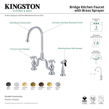 French Country KS7798TXBS Two-Handle 3-Hole Deck Mount Bridge Kitchen Faucet with Brass Sprayer, Brushed Nickel