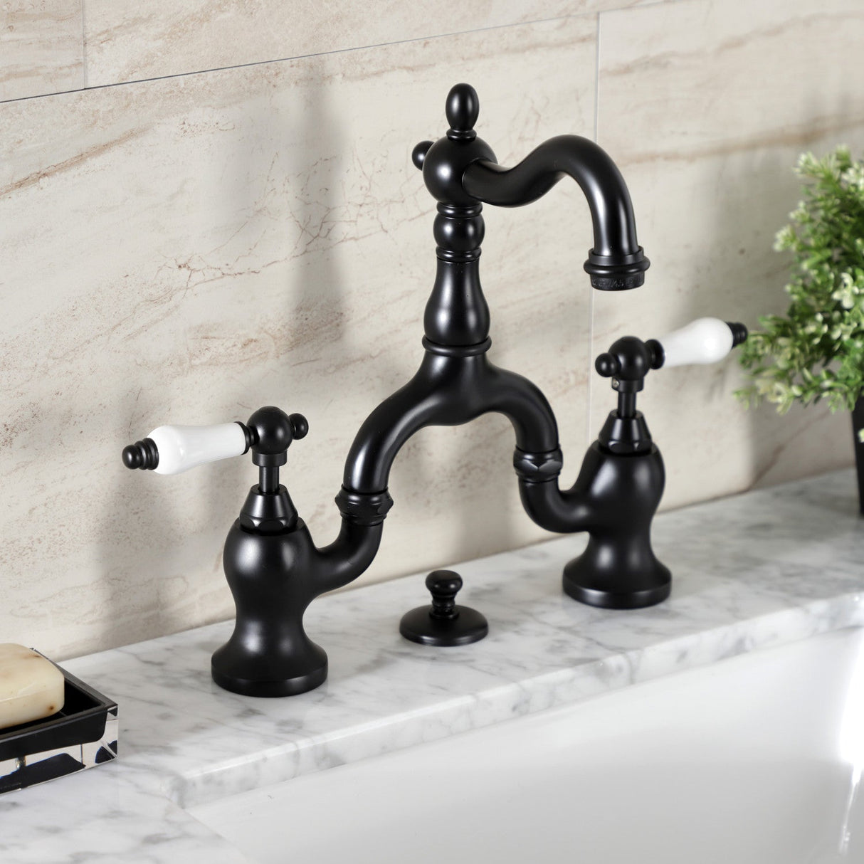 English Country KS7970PL Two-Handle 3-Hole Deck Mount Bridge Bathroom Faucet with Brass Pop-Up, Matte Black