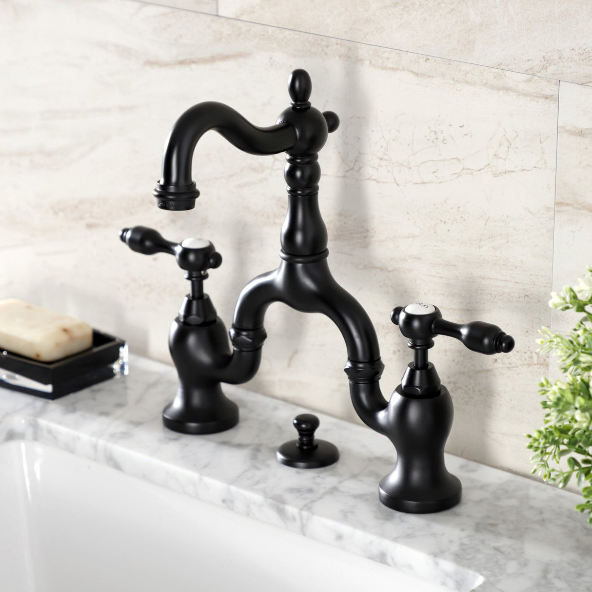 Tudor KS7970TAL Two-Handle 3-Hole Deck Mount Bridge Bathroom Faucet with Brass Pop-Up, Matte Black