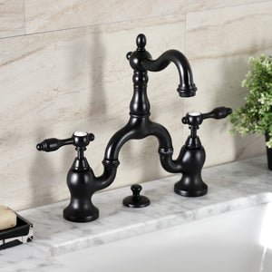 Tudor KS7970TAL Two-Handle 3-Hole Deck Mount Bridge Bathroom Faucet with Brass Pop-Up, Matte Black