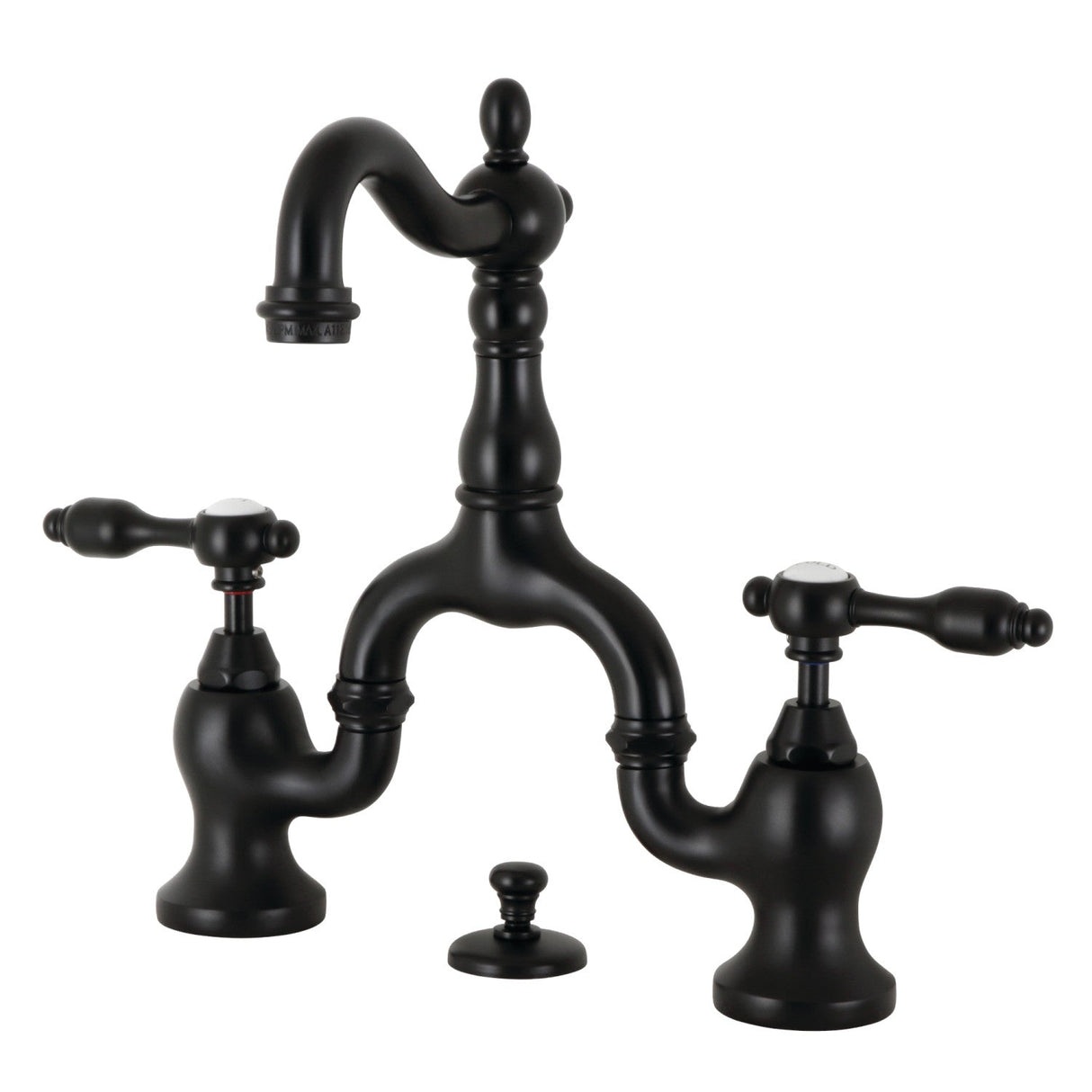 Tudor KS7970TAL Two-Handle 3-Hole Deck Mount Bridge Bathroom Faucet with Brass Pop-Up, Matte Black