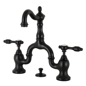 Tudor KS7970TAL Two-Handle 3-Hole Deck Mount Bridge Bathroom Faucet with Brass Pop-Up, Matte Black