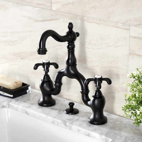 French Country KS7970TX Two-Handle 3-Hole Deck Mount Bridge Bathroom Faucet with Brass Pop-Up, Matte Black