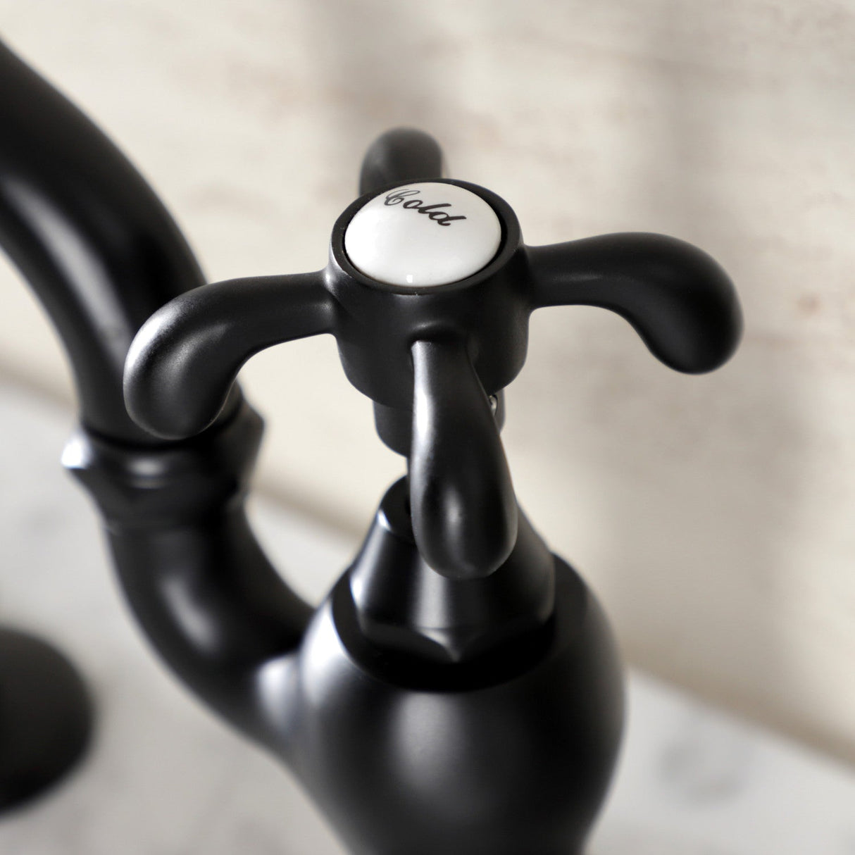 French Country KS7970TX Two-Handle 3-Hole Deck Mount Bridge Bathroom Faucet with Brass Pop-Up, Matte Black