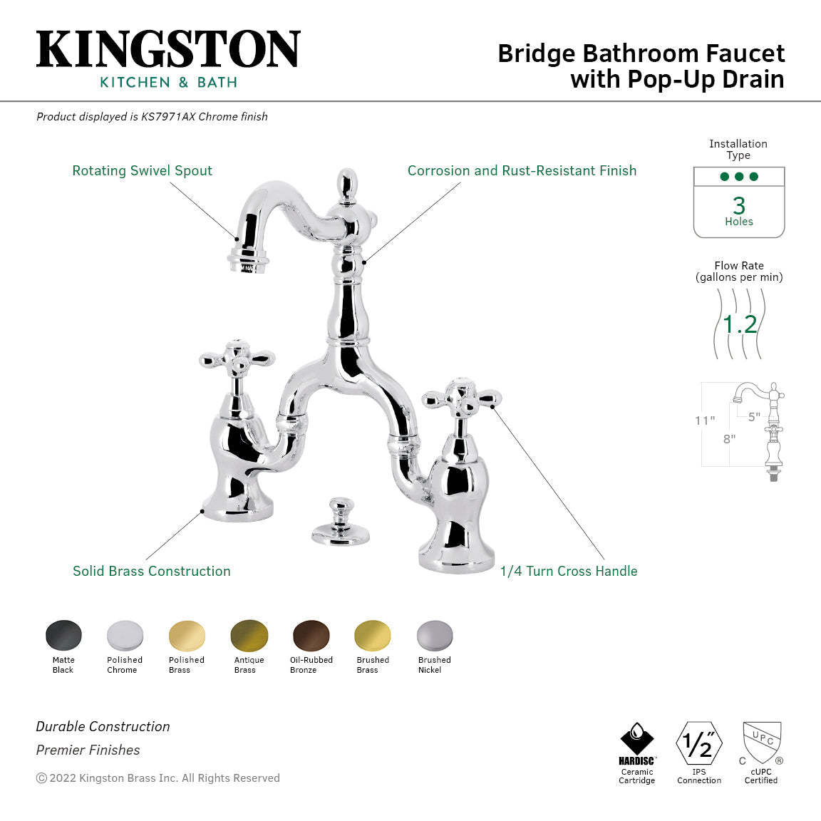 English Country KS7971AX Two-Handle 3-Hole Deck Mount Bridge Bathroom Faucet with Brass Pop-Up, Polished Chrome