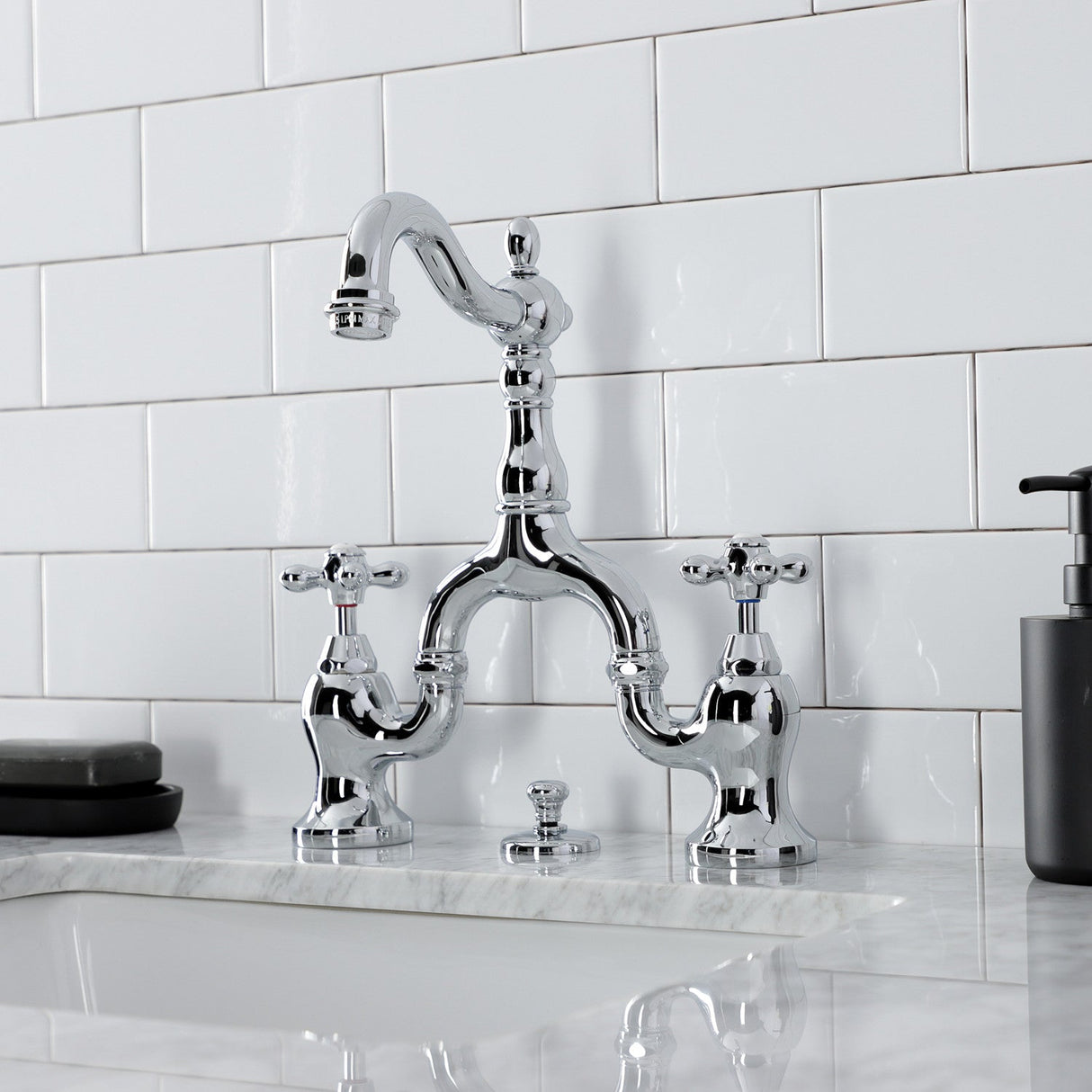 English Country KS7971AX Two-Handle 3-Hole Deck Mount Bridge Bathroom Faucet with Brass Pop-Up, Polished Chrome