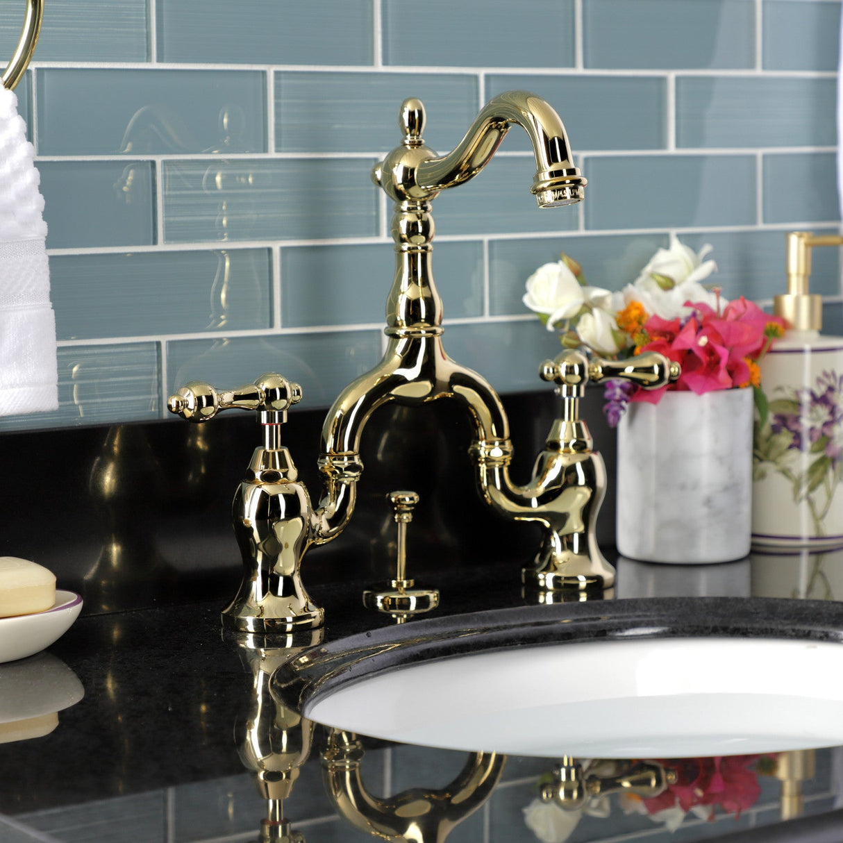 English Country KS7972AL Two-Handle 3-Hole Deck Mount Bridge Bathroom Faucet with Brass Pop-Up, Polished Brass