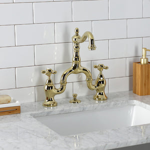 English Country KS7972AX Two-Handle 3-Hole Deck Mount Bridge Bathroom Faucet with Brass Pop-Up, Polished Brass