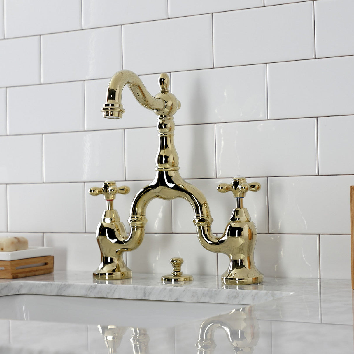 English Country KS7972AX Two-Handle 3-Hole Deck Mount Bridge Bathroom Faucet with Brass Pop-Up, Polished Brass