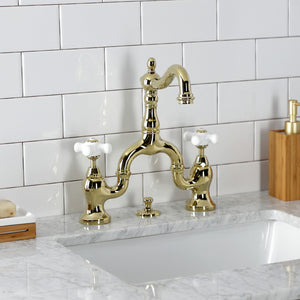 English Country KS7972PX Two-Handle 3-Hole Deck Mount Bridge Bathroom Faucet with Brass Pop-Up, Polished Brass