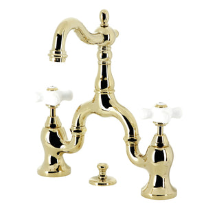 English Country KS7972PX Two-Handle 3-Hole Deck Mount Bridge Bathroom Faucet with Brass Pop-Up, Polished Brass