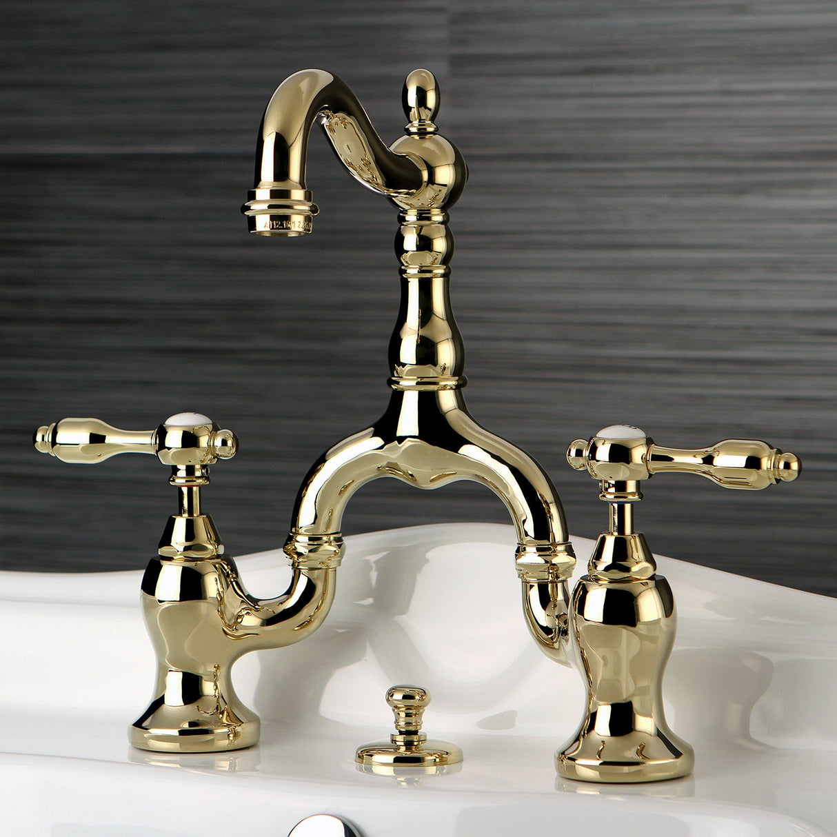 Tudor KS7972TAL Two-Handle 3-Hole Deck Mount Bridge Bathroom Faucet with Brass Pop-Up, Polished Brass