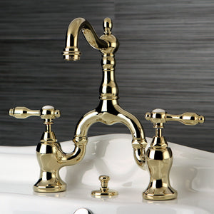 Tudor KS7972TAL Two-Handle 3-Hole Deck Mount Bridge Bathroom Faucet with Brass Pop-Up, Polished Brass