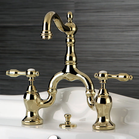 Tudor KS7972TAL Two-Handle 3-Hole Deck Mount Bridge Bathroom Faucet with Brass Pop-Up, Polished Brass