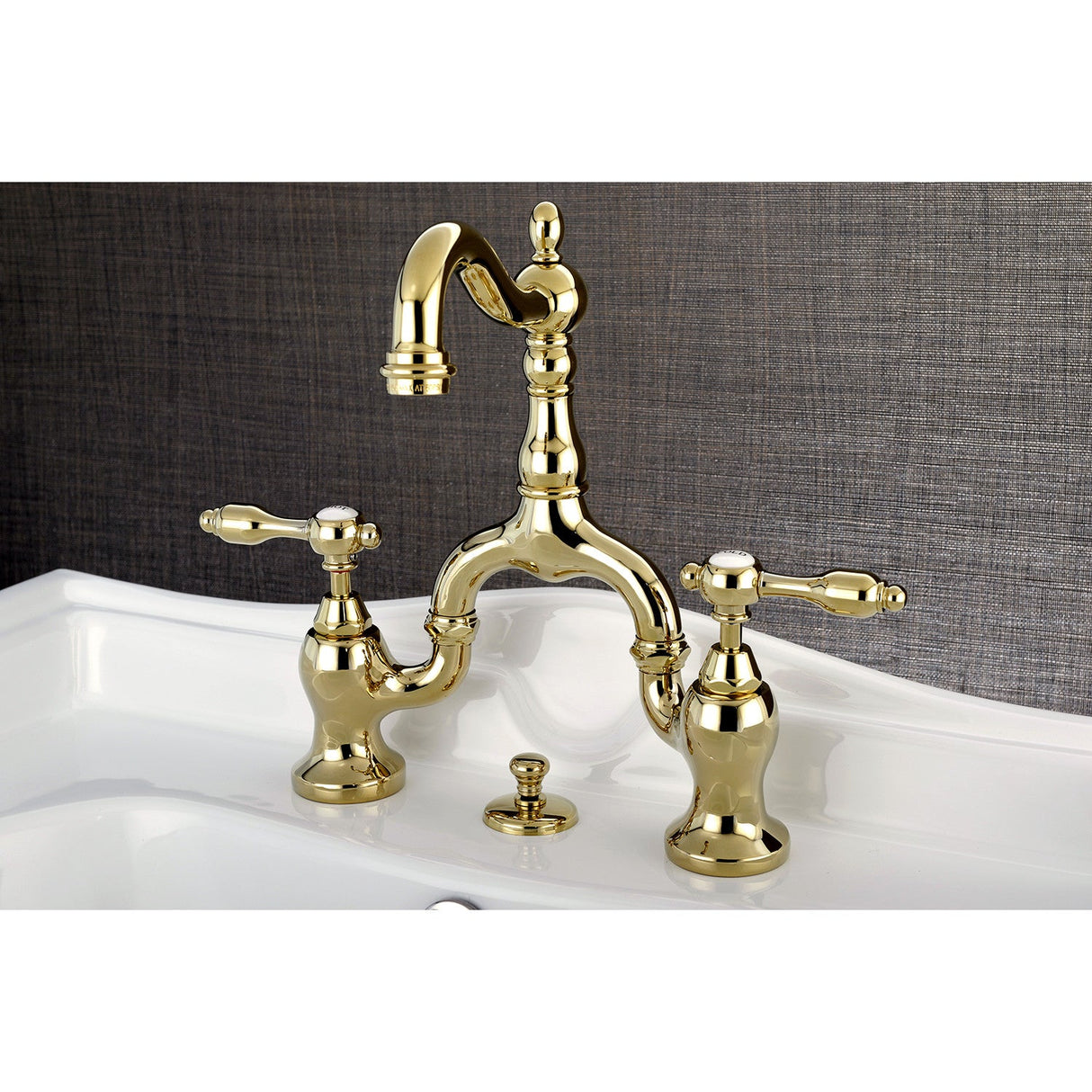 Tudor KS7972TAL Two-Handle 3-Hole Deck Mount Bridge Bathroom Faucet with Brass Pop-Up, Polished Brass