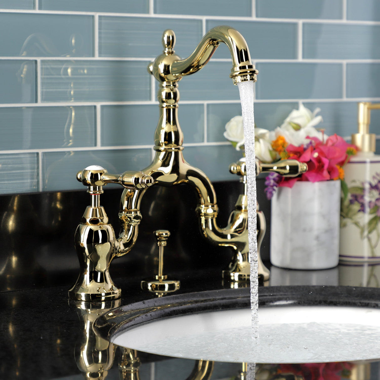 Tudor KS7972TAL Two-Handle 3-Hole Deck Mount Bridge Bathroom Faucet with Brass Pop-Up, Polished Brass