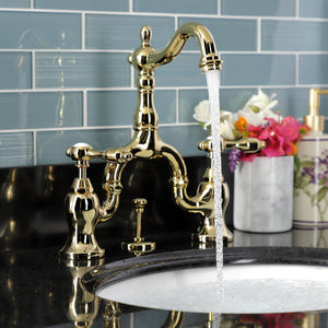 Tudor KS7972TAL Two-Handle 3-Hole Deck Mount Bridge Bathroom Faucet with Brass Pop-Up, Polished Brass