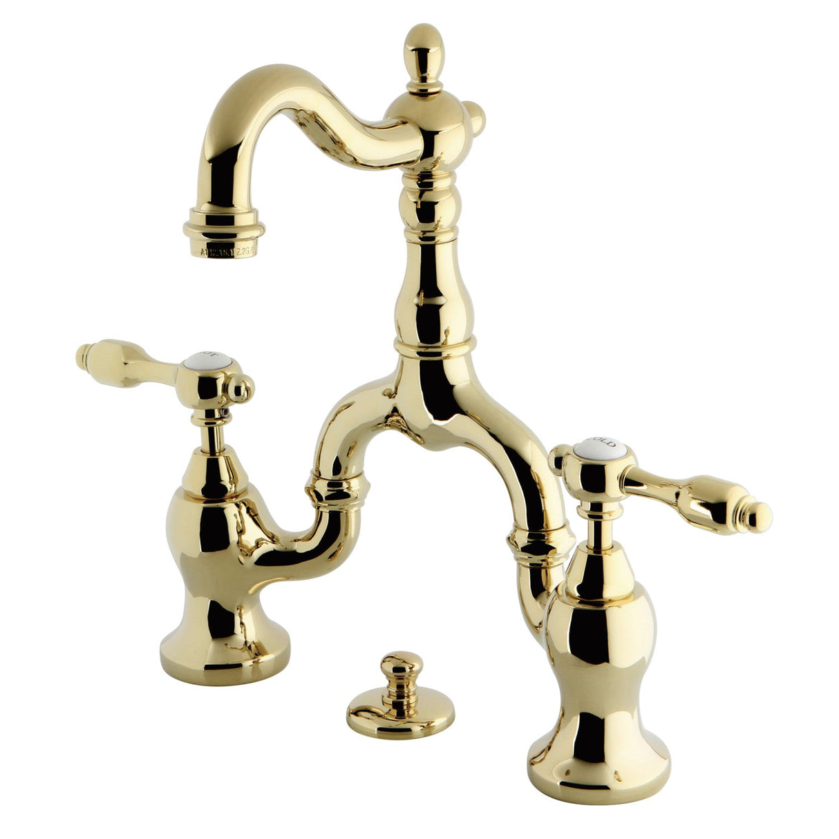 Tudor KS7972TAL Two-Handle 3-Hole Deck Mount Bridge Bathroom Faucet with Brass Pop-Up, Polished Brass