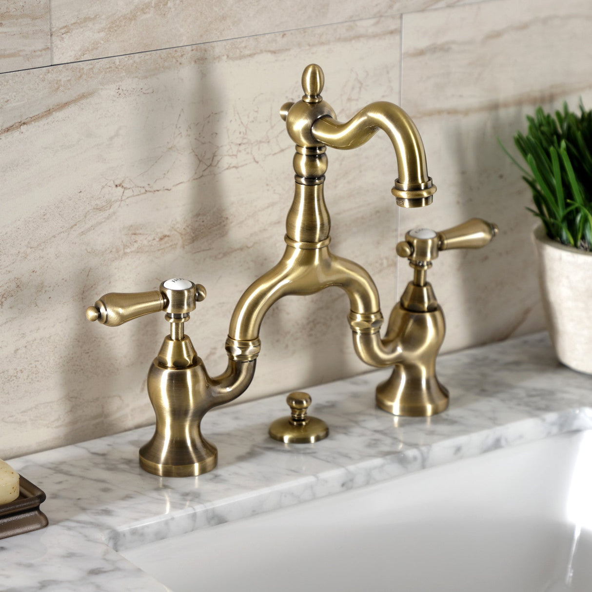 Heirloom KS7973BAL Two-Handle 3-Hole Deck Mount Bridge Bathroom Faucet with Brass Pop-Up, Antique Brass