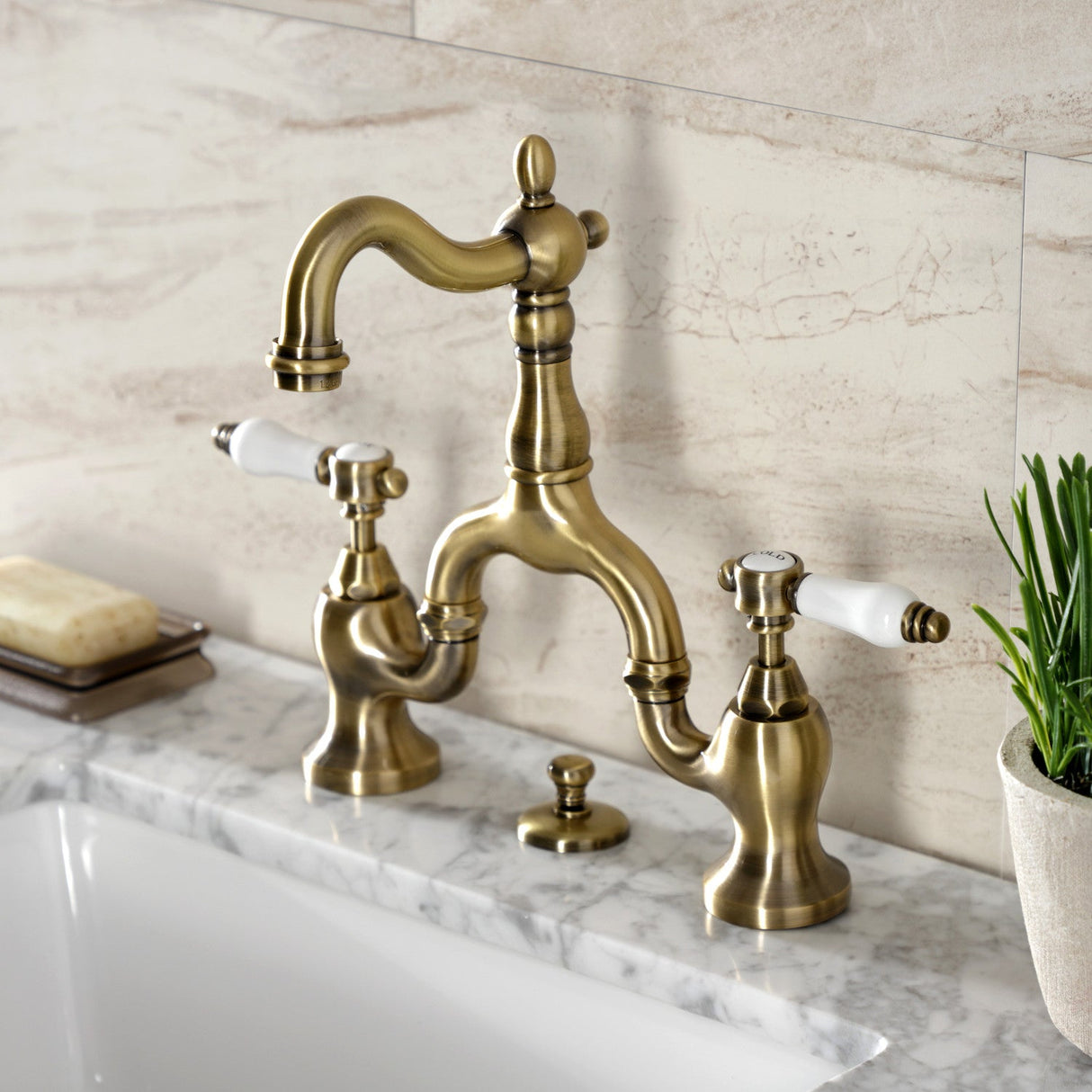 Bel-Air KS7973BPL Two-Handle 3-Hole Deck Mount Bridge Bathroom Faucet with Brass Pop-Up, Antique Brass