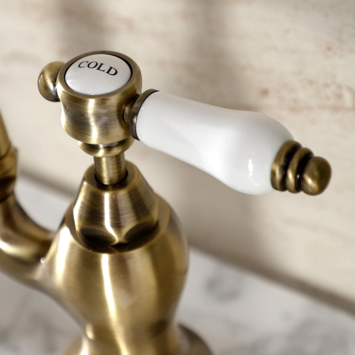 Bel-Air KS7973BPL Two-Handle 3-Hole Deck Mount Bridge Bathroom Faucet with Brass Pop-Up, Antique Brass