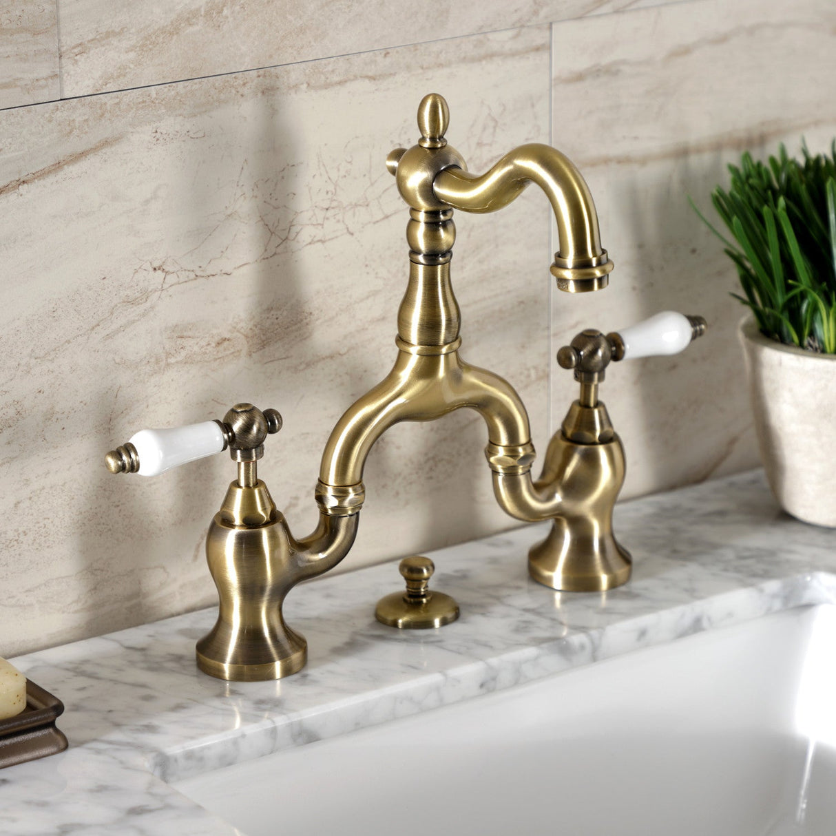 English Country KS7973PL Two-Handle 3-Hole Deck Mount Bridge Bathroom Faucet with Brass Pop-Up, Antique Brass