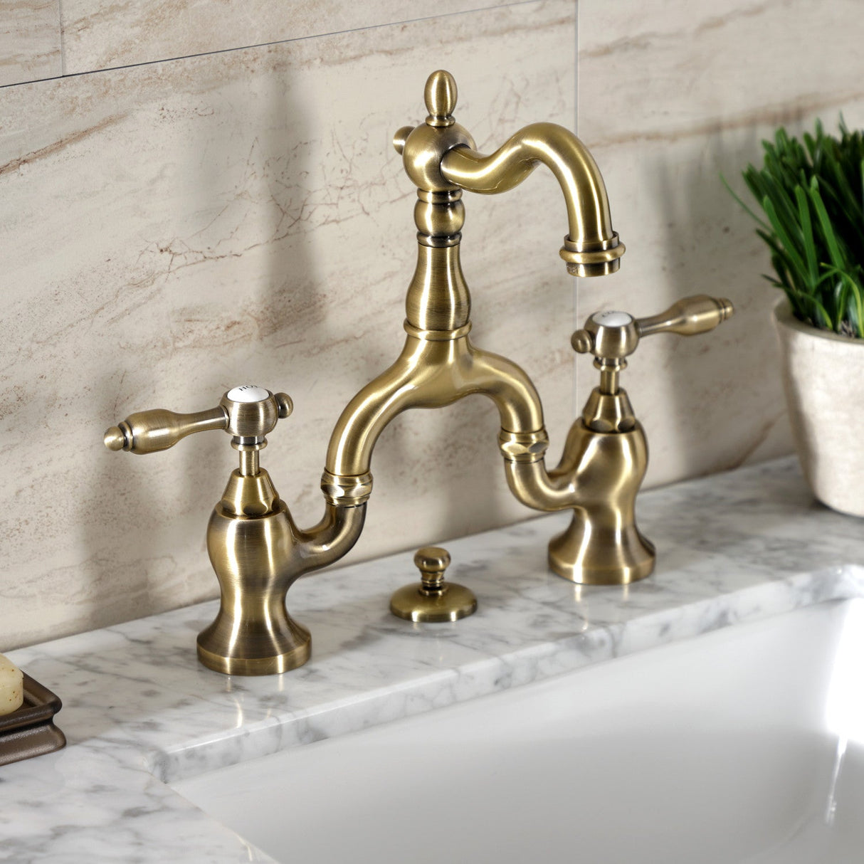 Tudor KS7973TAL Two-Handle 3-Hole Deck Mount Bridge Bathroom Faucet with Brass Pop-Up, Antique Brass