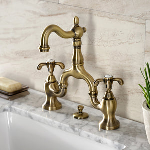 French Country KS7973TX Two-Handle 3-Hole Deck Mount Bridge Bathroom Faucet with Brass Pop-Up, Antique Brass