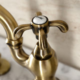 French Country KS7973TX Two-Handle 3-Hole Deck Mount Bridge Bathroom Faucet with Brass Pop-Up, Antique Brass