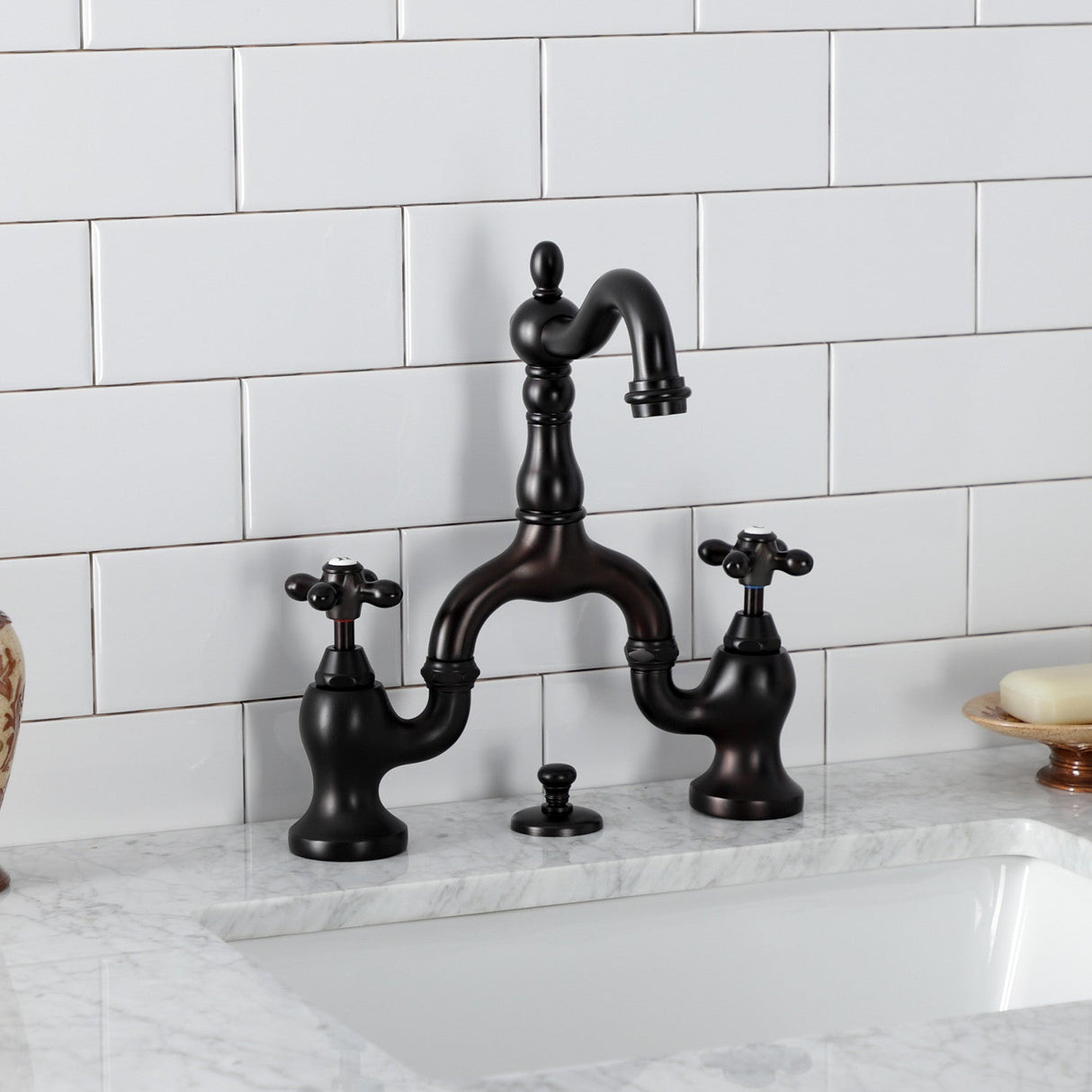 English Country KS7975AX Two-Handle 3-Hole Deck Mount Bridge Bathroom Faucet with Brass Pop-Up, Oil Rubbed Bronze