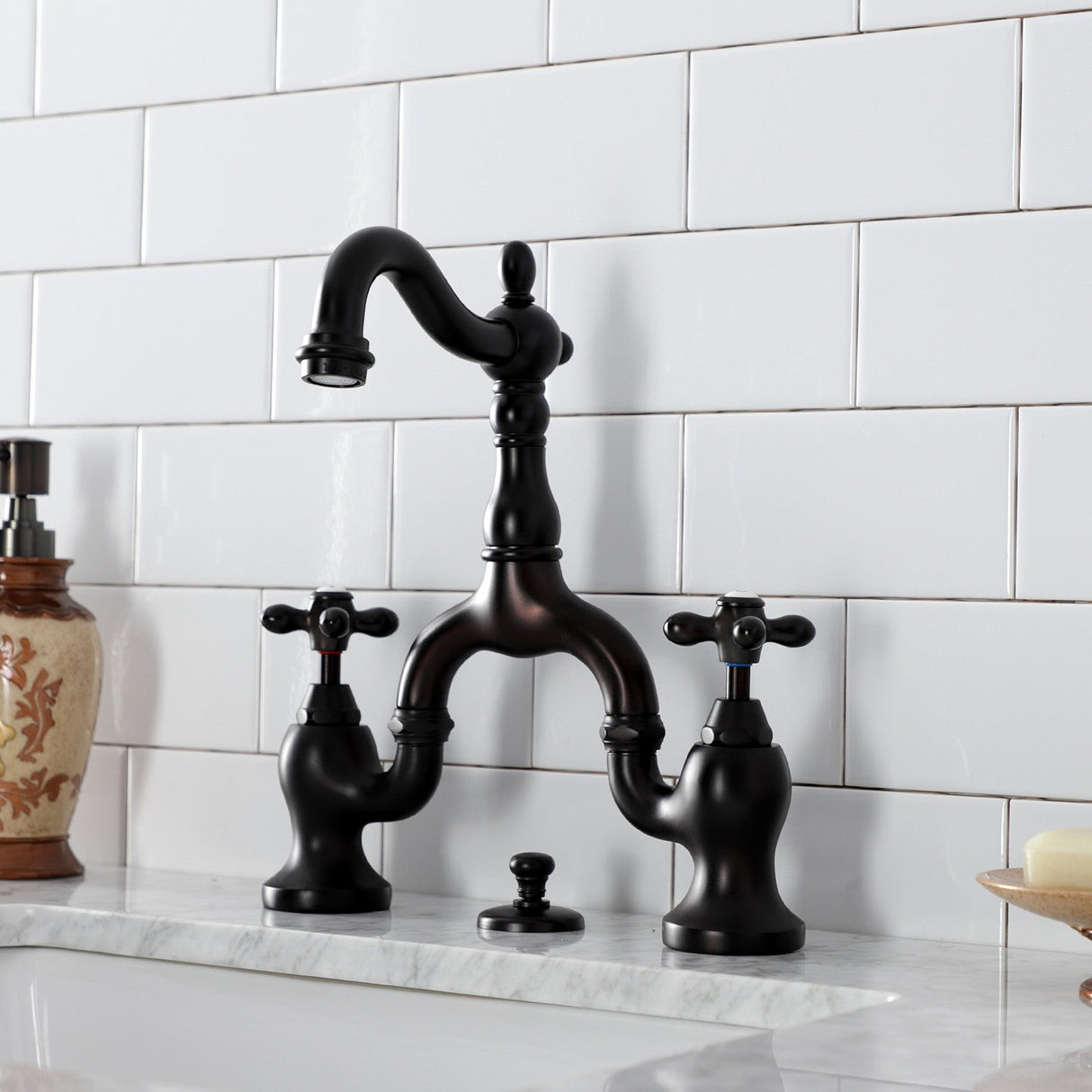 English Country KS7975AX Two-Handle 3-Hole Deck Mount Bridge Bathroom Faucet with Brass Pop-Up, Oil Rubbed Bronze